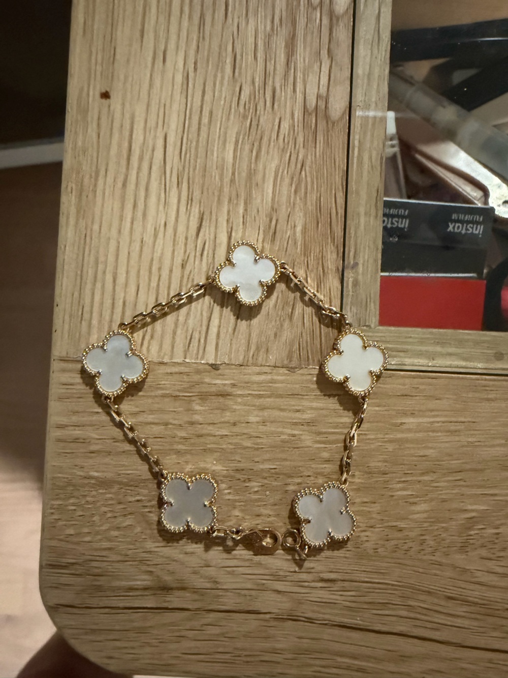 Gold Chain Bracelet with White Clover Motifs